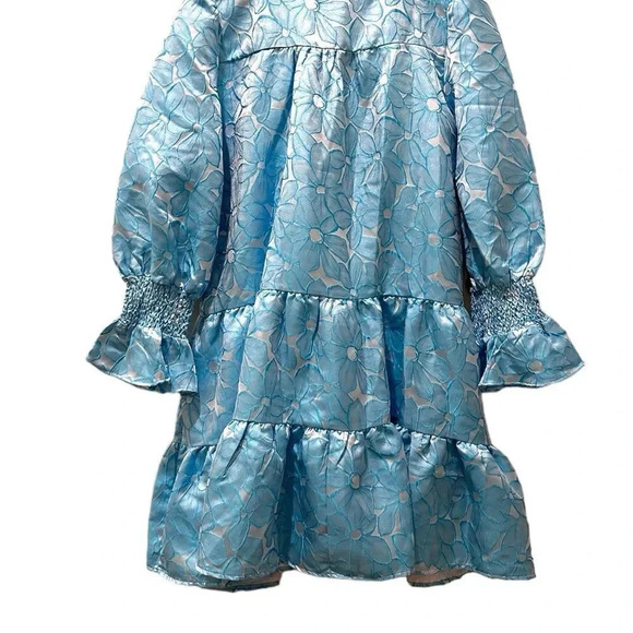 New Tuckernuck Pomander Place Blue Daisy Jacquard Kenzo Long Sleeve Mini Dress - Picture 10 of 14